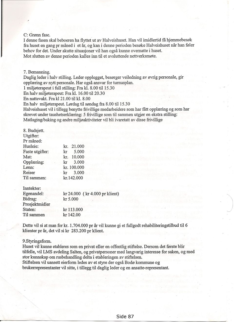 Under akutte situasjoner vil han også kunne overnatte i huset. Mot slutten av denne perioden kalles inn til et avsluttende nettverksmøte. 7. Bemanning. Daglig leder i halv stilling.