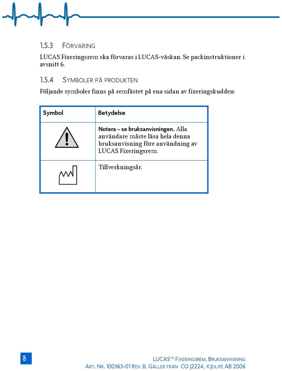 bruksanvisningen. Alla användare måste läsa hela denna bruksanvisning före användning av LUCAS Fixeringsrem.