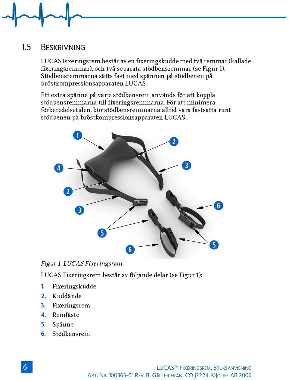 För att minimera förberedelsetiden, bör stödbensremmarna alltid vara fastsatta runt stödbenen på bröstkompressionsapparaten LUCAS. q w r e w e t y Figur 1. LUCAS Fixeringsrem.