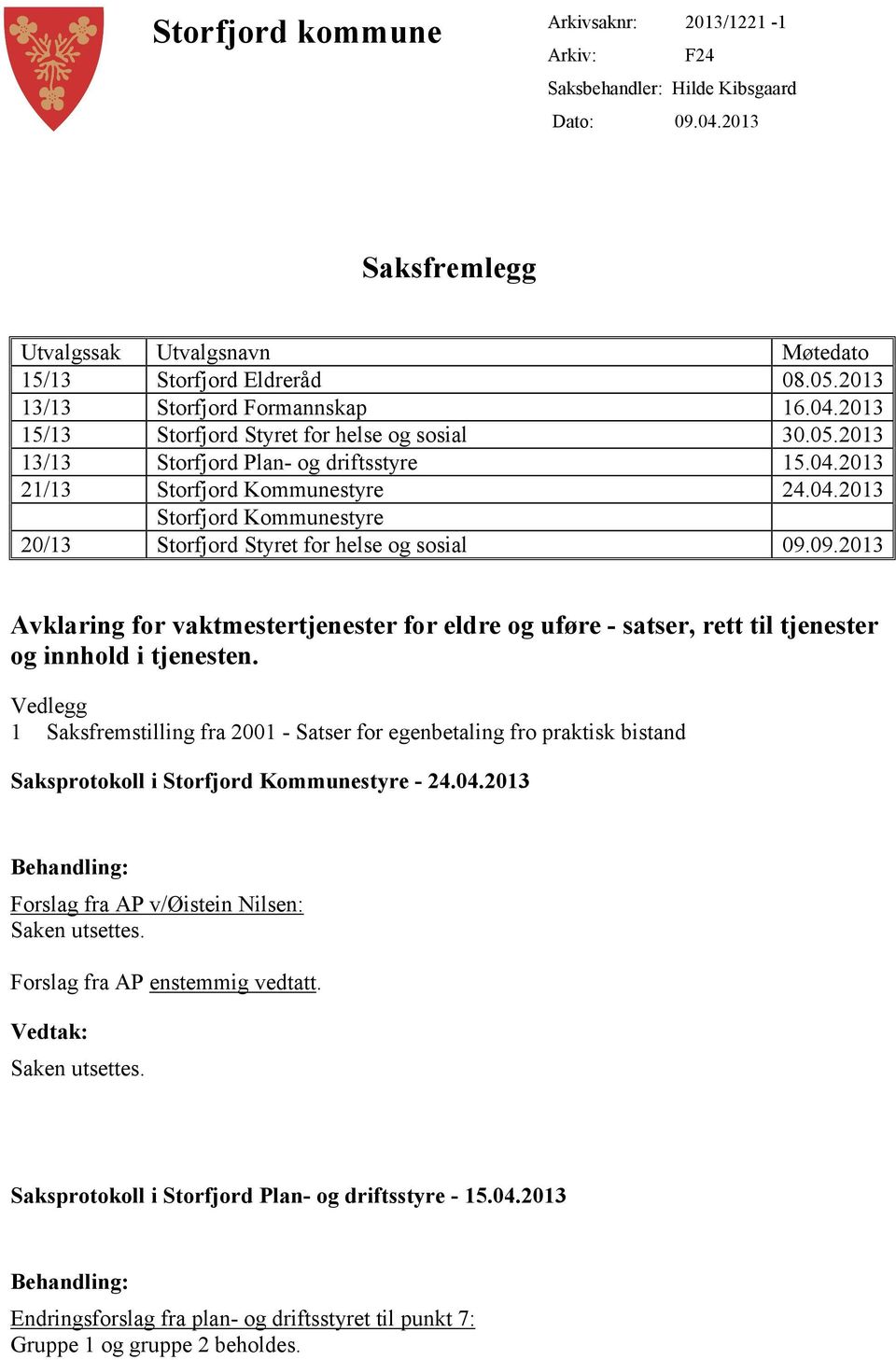 09.2013 Avklaring for vaktmestertjenester for eldre og uføre - satser, rett til tjenester og innhold i tjenesten.