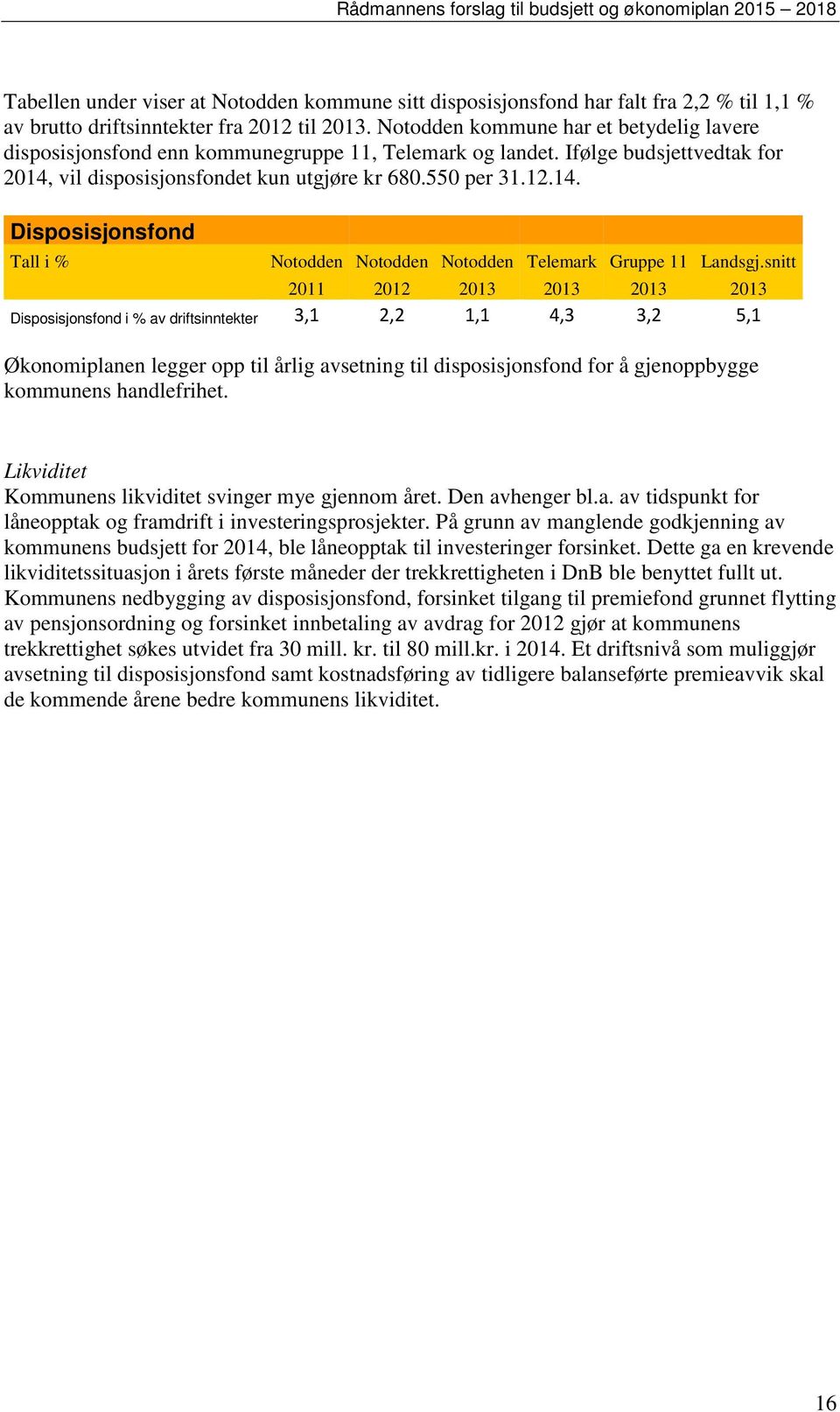 vil disposisjonsfondet kun utgjøre kr 680.550 per 31.12.14. Disposisjonsfond Tall i % Notodden Notodden Notodden Telemark Gruppe 11 Landsgj.