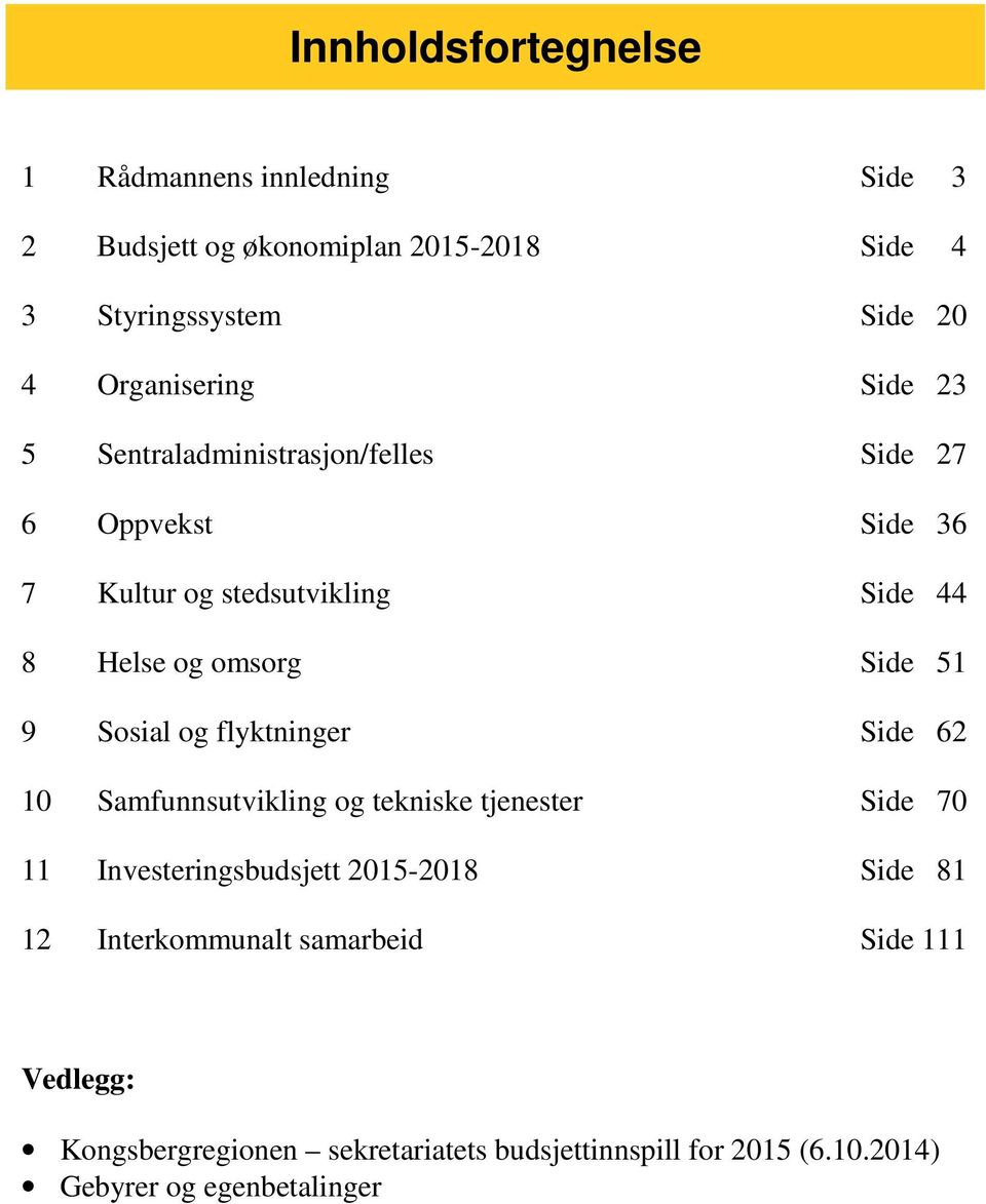 Side 51 9 Sosial og flyktninger Side 62 10 Samfunnsutvikling og tekniske tjenester Side 70 11 Investeringsbudsjett 2015-2018 Side