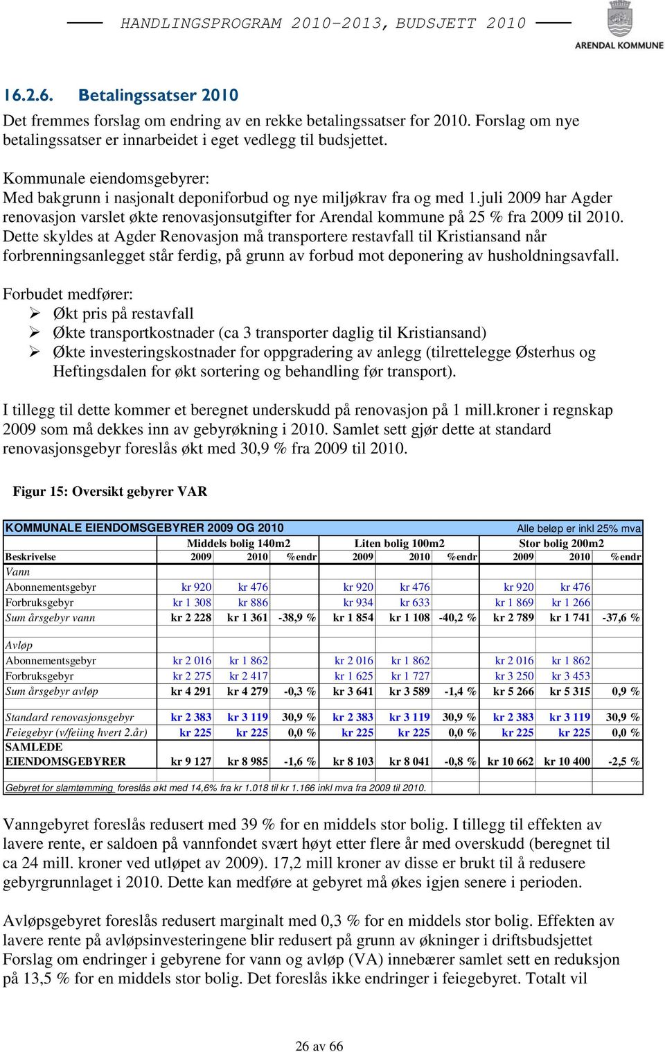 juli 2009 har Agder renovasjon varslet økte renovasjonsutgifter for Arendal kommune på 25 fra 2009 til 2010.