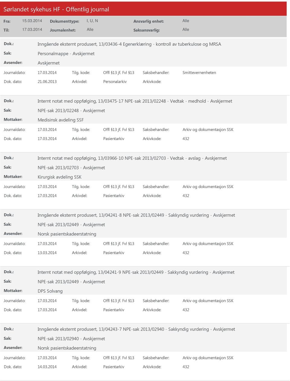 dato: Arkivdel: Pasientarkiv Arkivkode: 432 Internt notat med oppfølging, 13/03966-10 NPE-sak 2013/02703 - Vedtak - avslag - NPE-sak 2013/02703 - Kirurgisk avdeling SSK Dok.