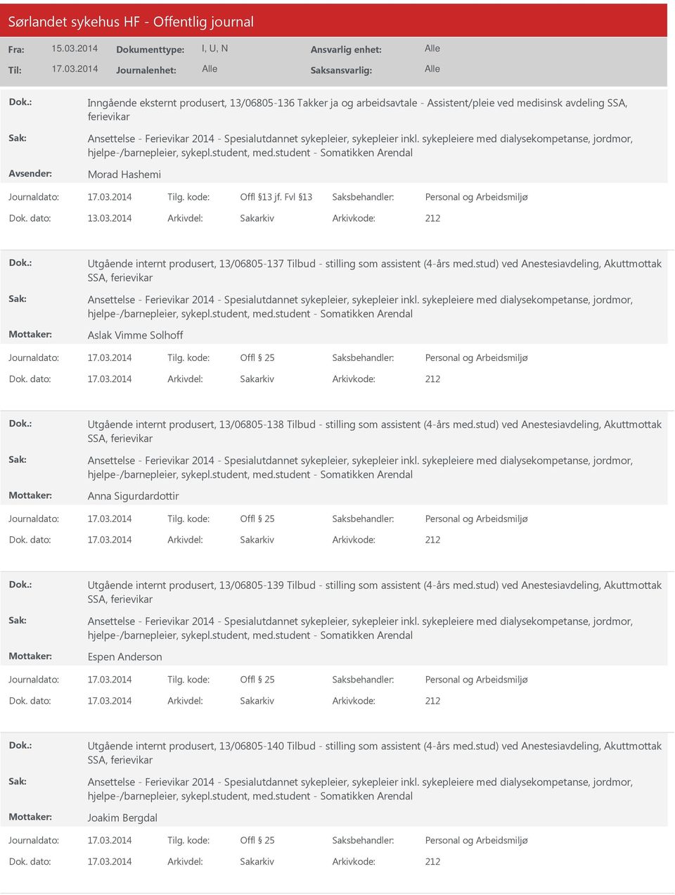 2014 Arkivdel: Sakarkiv Utgående internt produsert, 13/06805-137 Tilbud - stilling som assistent (4-års med.