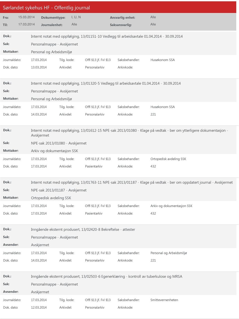 2014 Arkivdel: Personalarkiv Arkivkode: 221 Internt notat med oppfølging, 13/01612-15 NPE-sak 2013/01080 - Klage på vedtak - ber om ytterligere dokumentasjon - NPE-sak 2013/01080 - Ortopedisk