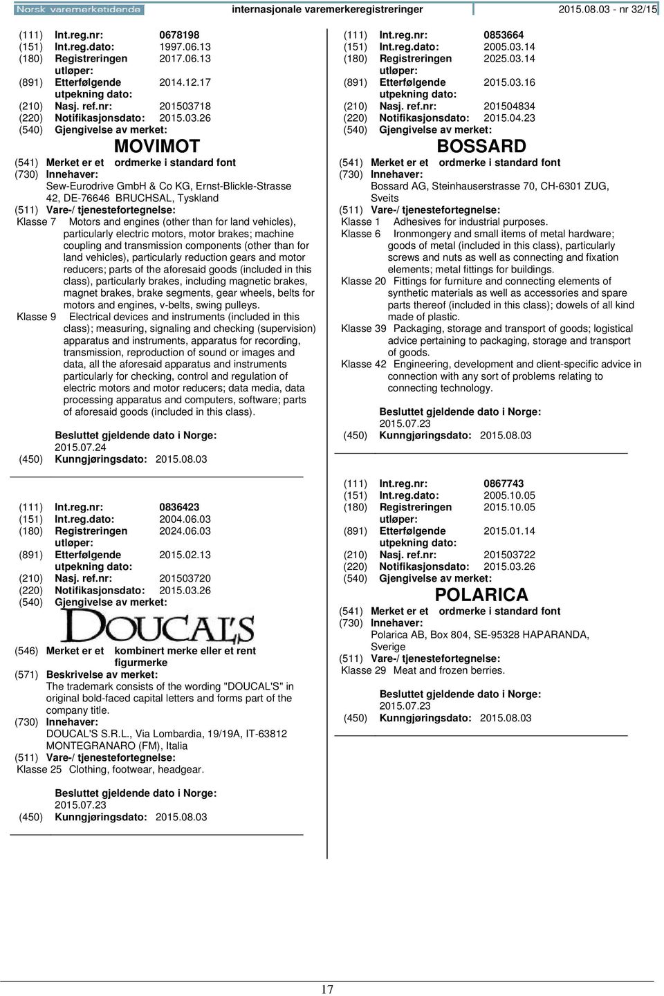 nr: 201503718 MOVIMOT Sew-Eurodrive GmbH & Co KG, Ernst-Blickle-Strasse 42, DE-76646 BRUCHSAL, Tyskland Klasse 7 Motors and engines (other than for land vehicles), particularly electric motors, motor