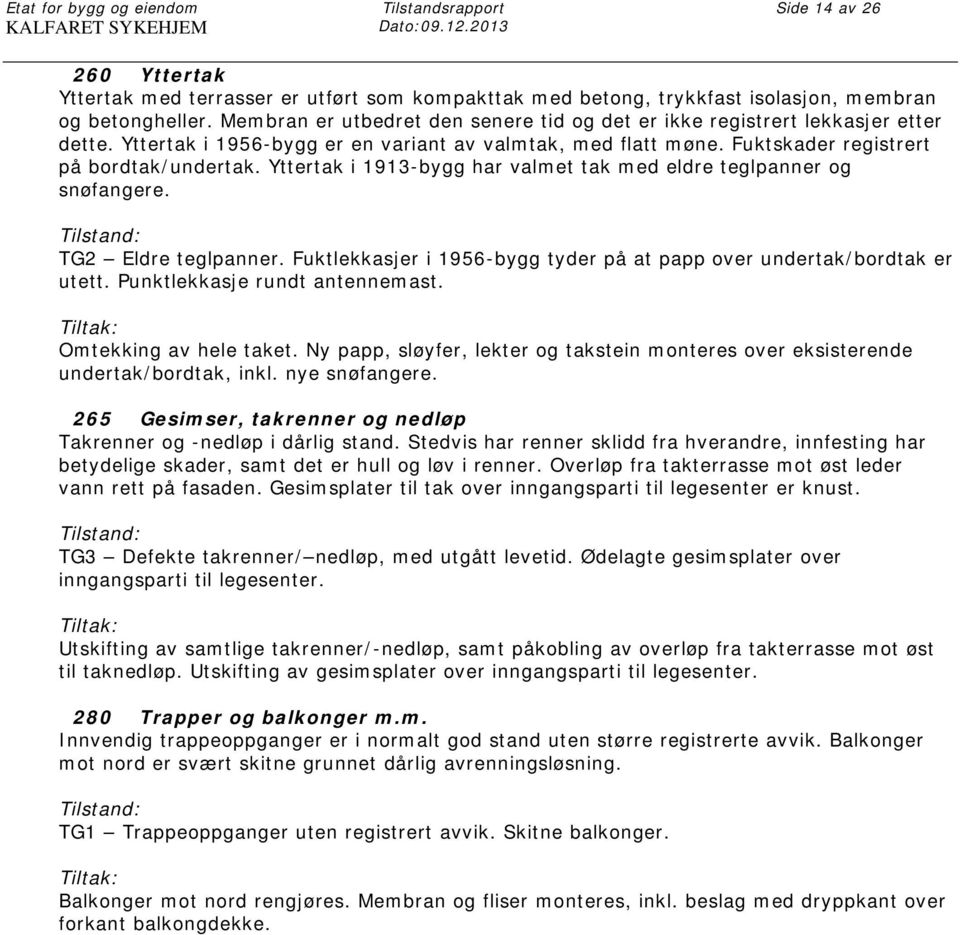 Membran er utbedret den senere tid og det er ikke registrert lekkasjer etter dette. Yttertak i 1956-bygg er en variant av valmtak, med flatt møne. Fuktskader registrert på bordtak/undertak.