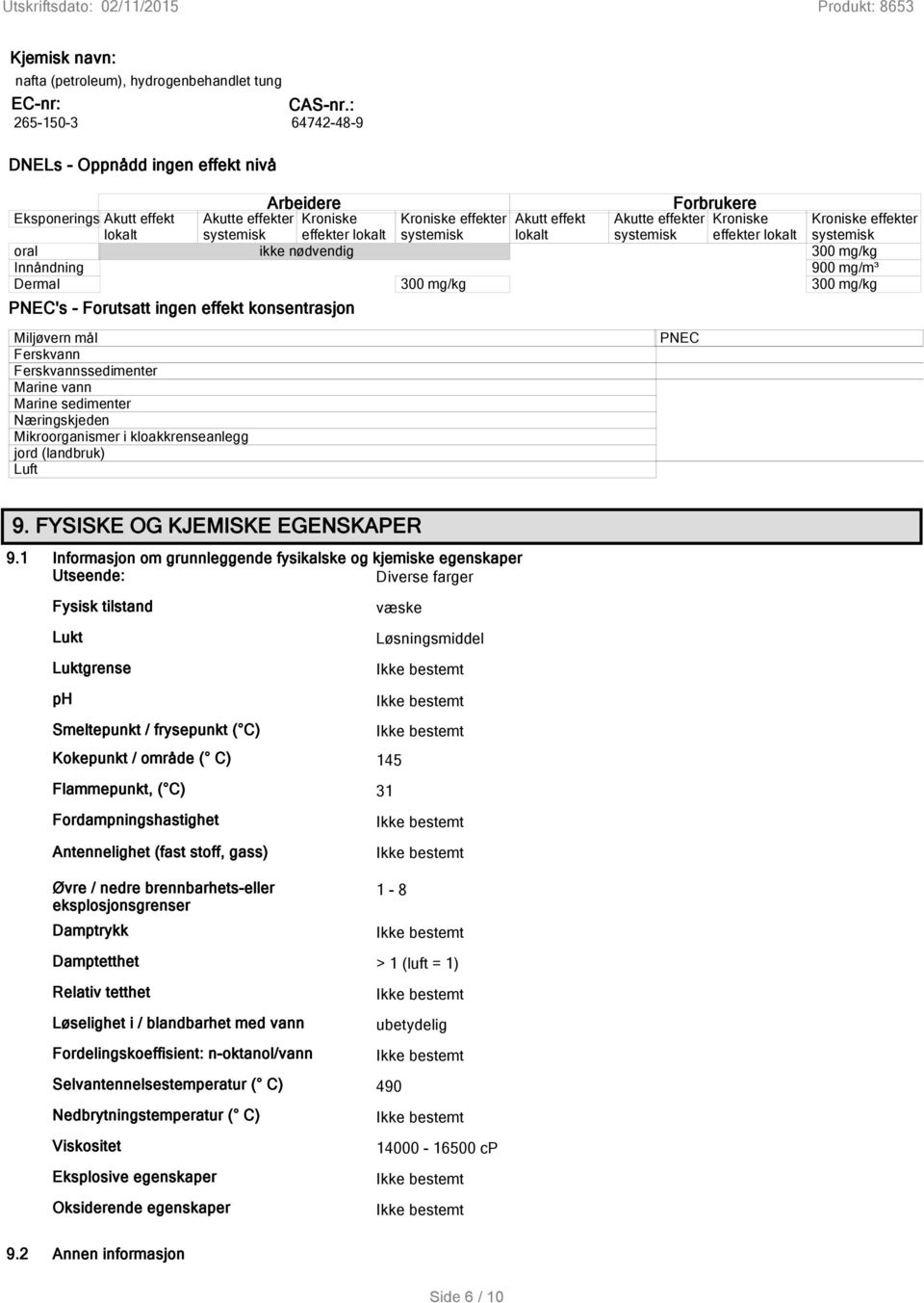 effekter lokalt oral ikke nødvendig 300 mg/kg Innåndning 900 mg/m³ Dermal 300 mg/kg 300 mg/kg PNEC's - Forutsatt ingen effekt konsentrasjon Miljøvern mål Ferskvann Ferskvannssedimenter Marine vann