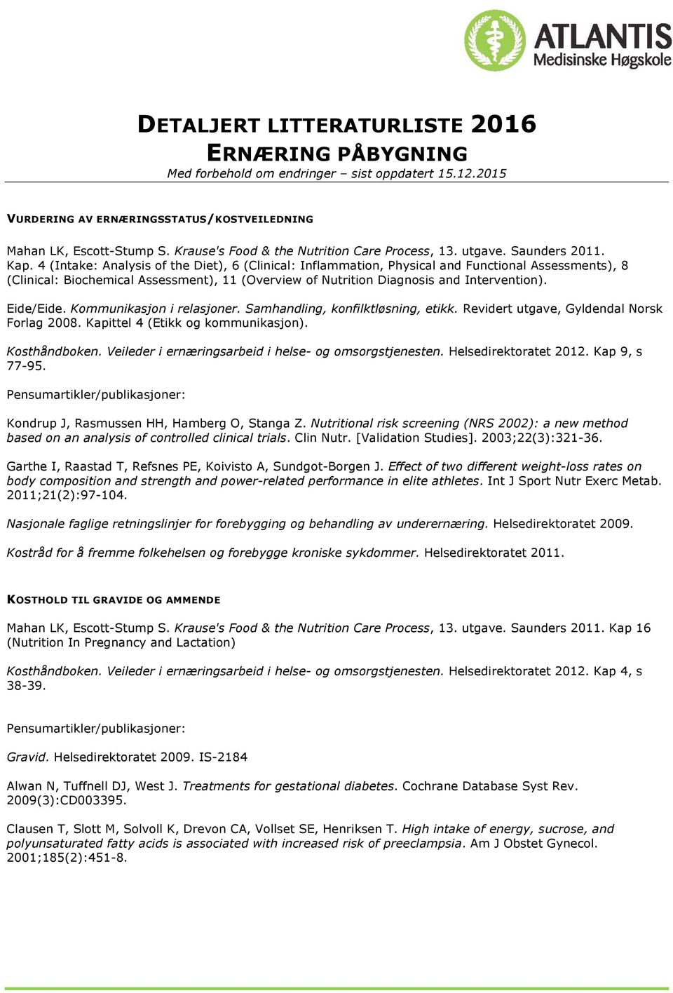 4 (Intake: Analysis of the Diet), 6 (Clinical: Inflammation, Physical and Functional Assessments), 8 (Clinical: Biochemical Assessment), 11 (Overview of Nutrition Diagnosis and Intervention).