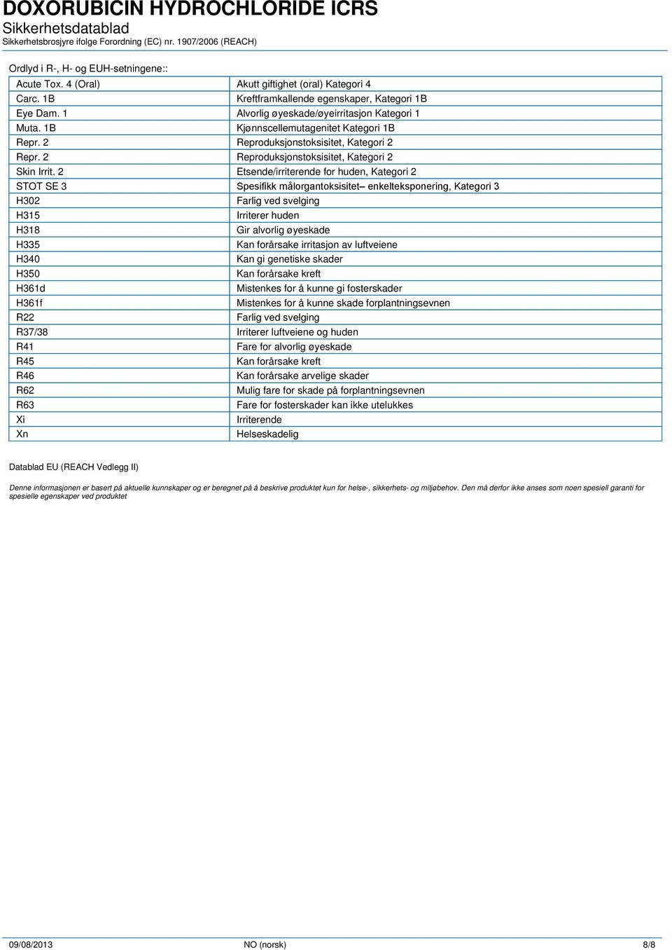 2 Etsende/irriterende for huden, Kategori 2 STOT SE 3 Spesifikk målorgantoksisitet enkelteksponering, Kategori 3 H302 Farlig ved svelging H315 Irriterer huden H318 Gir alvorlig øyeskade H335 Kan