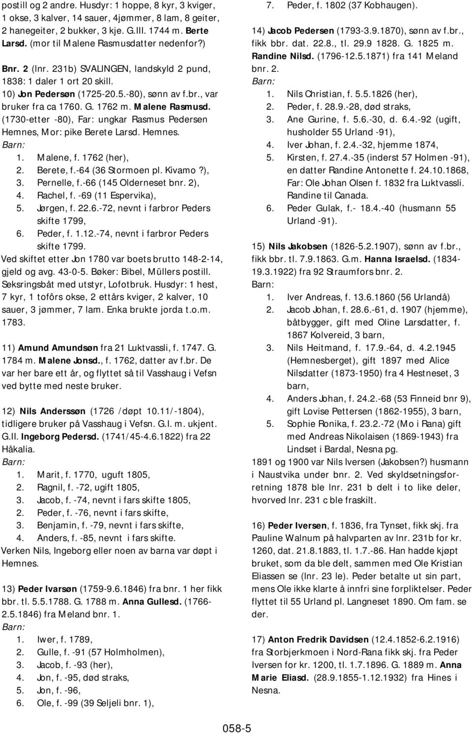 1762 m. Malene Rasmusd. (1730-etter -80), Far: ungkar Rasmus Pedersen Hemnes, Mor: pike Berete Larsd. Hemnes. 1. Malene, f. 1762 (her), 2. Berete, f.-64 (36 Stormoen pl. Kivamo?), 3. Pernelle, f.