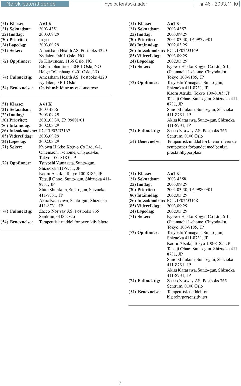 Amersham Health AS, Postboks 4220 Nydalen, 0401 Oslo (54) Benevnelse: Optisk avbilding av endometrose (51) Klasse: A 61 K (21) Søknadsnr: 2003 4356 (30) Prioritet: 2001.03.30, JP, 99801/01 (86) Int.