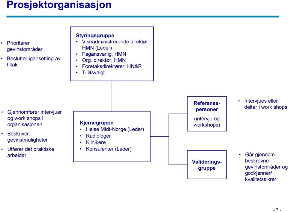 direktør, HMN Foretaksdirektører, HN&R Tillitsvalgt Gjennomfører intervjuer og work shops i organisasjonen Beskriver gevinstmuligheter Utfører