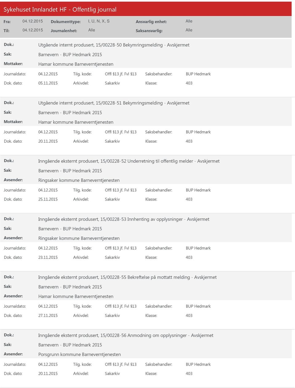 2015 Arkivdel: Sakarkiv Inngående eksternt produsert, 15/00228-52 nderretning til offentlig melder - Barnevern - BP Hedmark 2015 Ringsaker kommune Barneverntjenesten BP Hedmark Dok. dato: 25.11.