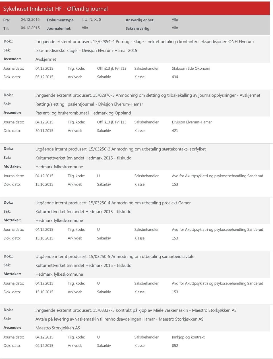 2015 Arkivdel: Sakarkiv 434 Inngående eksternt produsert, 15/02876-3 Anmodning om sletting og tilbakekalling av journalopplysninger - Retting/sletting i pasientjournal - Divisjon Elverum-Hamar