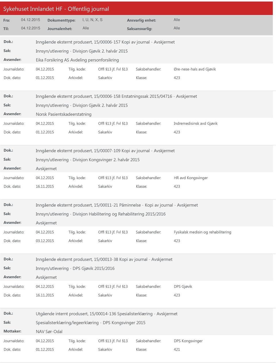 halvår 2015 Norsk Pasientskadeerstatning Indremedisinsk avd Gjøvik Inngående eksternt produsert, 15/00007-109 Kopi av journal - Innsyn/utlevering - Divisjon Kongsvinger 2.