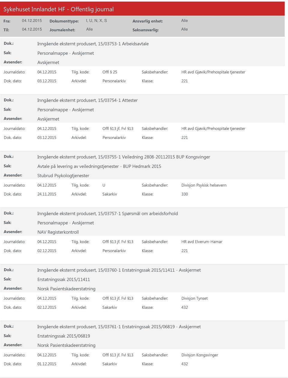 2015 Arkivdel: Personalarkiv Inngående eksternt produsert, 15/03755-1 Veiledning 2808-20112015 BP Kongsvinger Avtale på levering av veiledningstjenester - BP Hedmark 2015 Stubrud Psykologtjenester