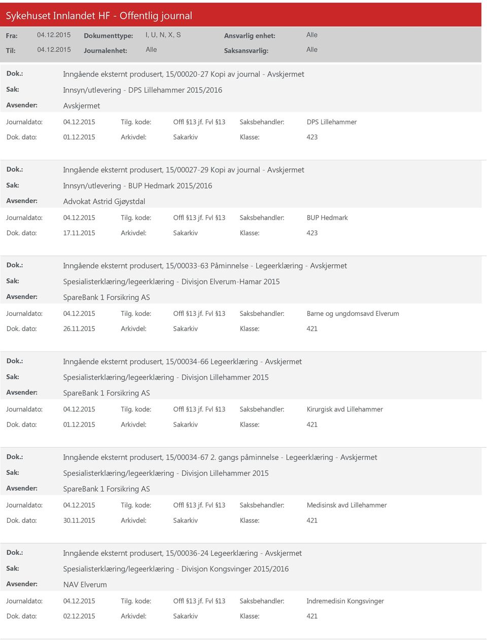 2015 Arkivdel: Sakarkiv Inngående eksternt produsert, 15/00033-63 Påminnelse - Legeerklæring - Spesialisterklæring/legeerklæring - Divisjon Elverum-Hamar 2015 SpareBank 1 Forsikring AS Barne og