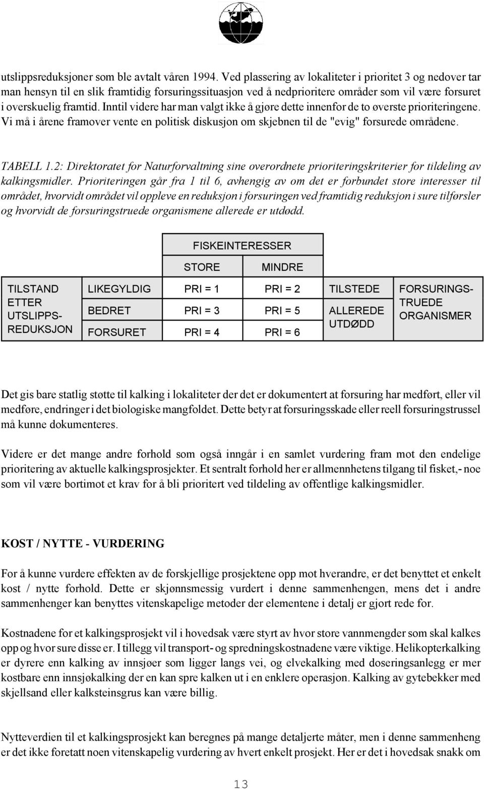 Inntil videre har man valgt ikke å gjøre dette innenfor de to øverste prioriteringene. Vi må i årene framover vente en politisk diskusjon om skjebnen til de "evig" forsurede områdene. TABELL 1.