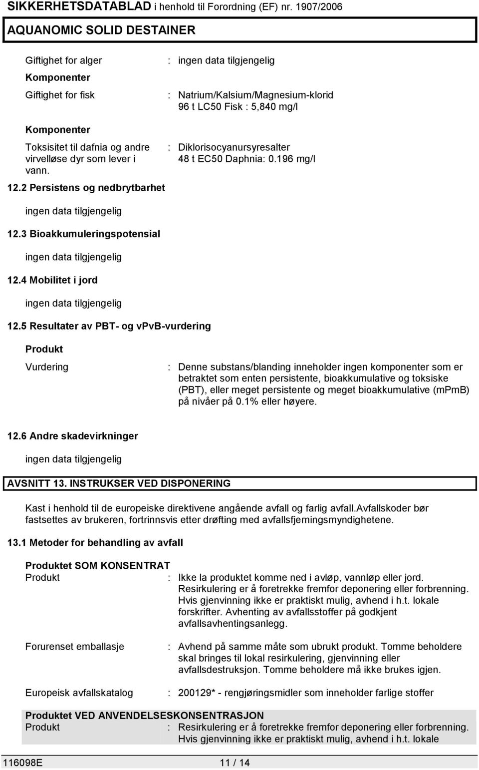 5 Resultater av PBT- og vpvb-vurdering : Diklorisocyanursyresalter 48 t EC50 Daphnia: 0.