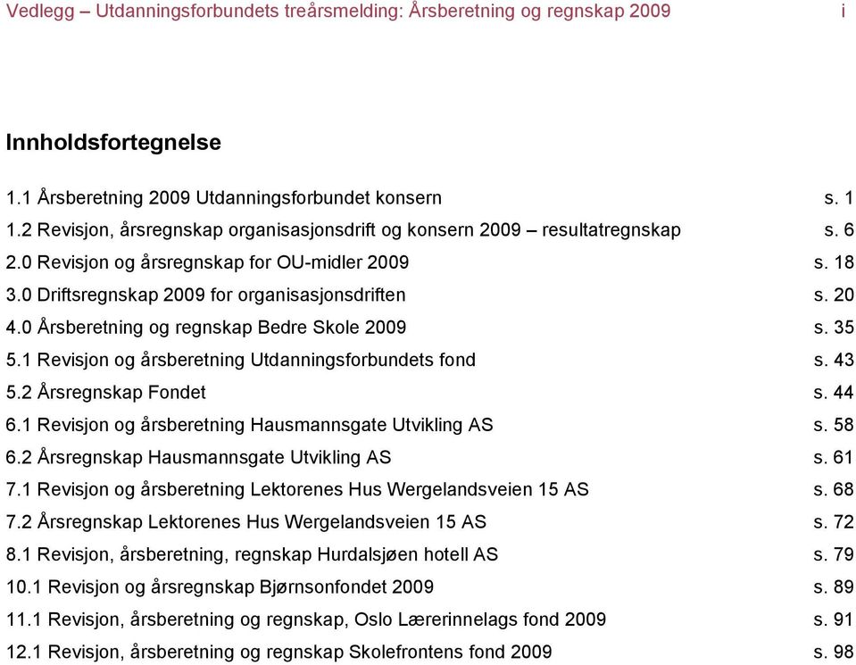 0 Årsberetning og regnskap Bedre Skole 2009 s. 35 5.1 Revisjon og årsberetning Utdanningsforbundets fond s. 43 5.2 Årsregnskap Fondet s. 44 6.1 Revisjon og årsberetning Hausmannsgate Utvikling AS s.