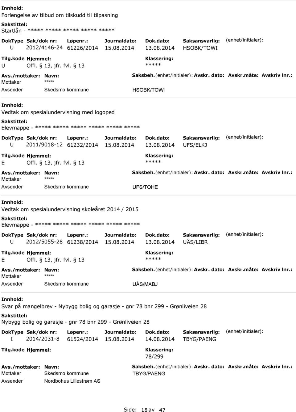 : FS/TOH Vedtak om spesialundervisning skoleåret 2014 / 2015 levmappe - 2012/5055-28 61238/2014 ÅS/LBR vs./mottaker: Navn: Saksbeh. vskr. dato: vskr.måte: vskriv lnr.