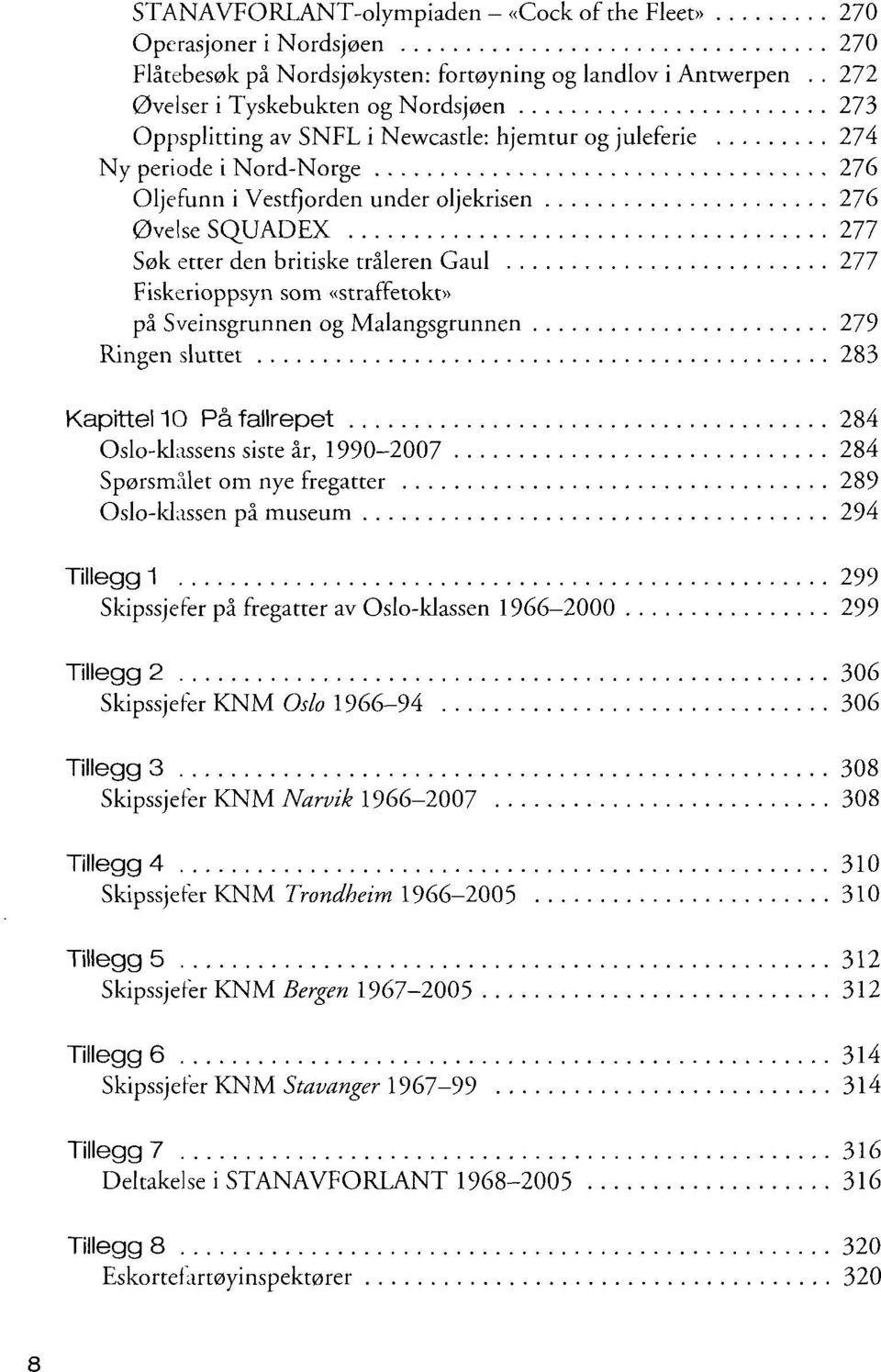 etter den britiske tråleren Gaul 277 Fiskerioppsyn som «straffetokt» på Sveinsgrunnen og Malangsgrunnen 279 Ringen sluttet 283 Kapittel 10 På fallrepet 284 Oslo-klassens siste år, 1990-2007 284