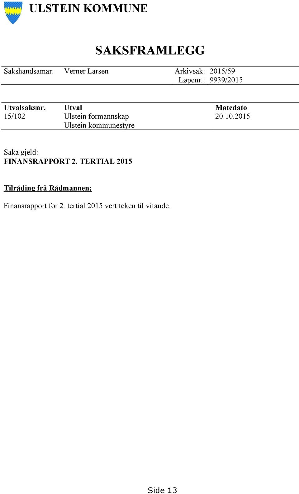 10.2015 Ulstein kommunestyre Saka gjeld: FINANSRAPPORT 2.