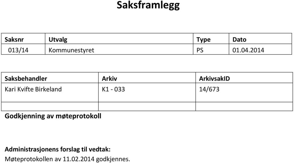 2014 Saksbehandler Arkiv ArkivsakID Kari Kvifte Birkeland