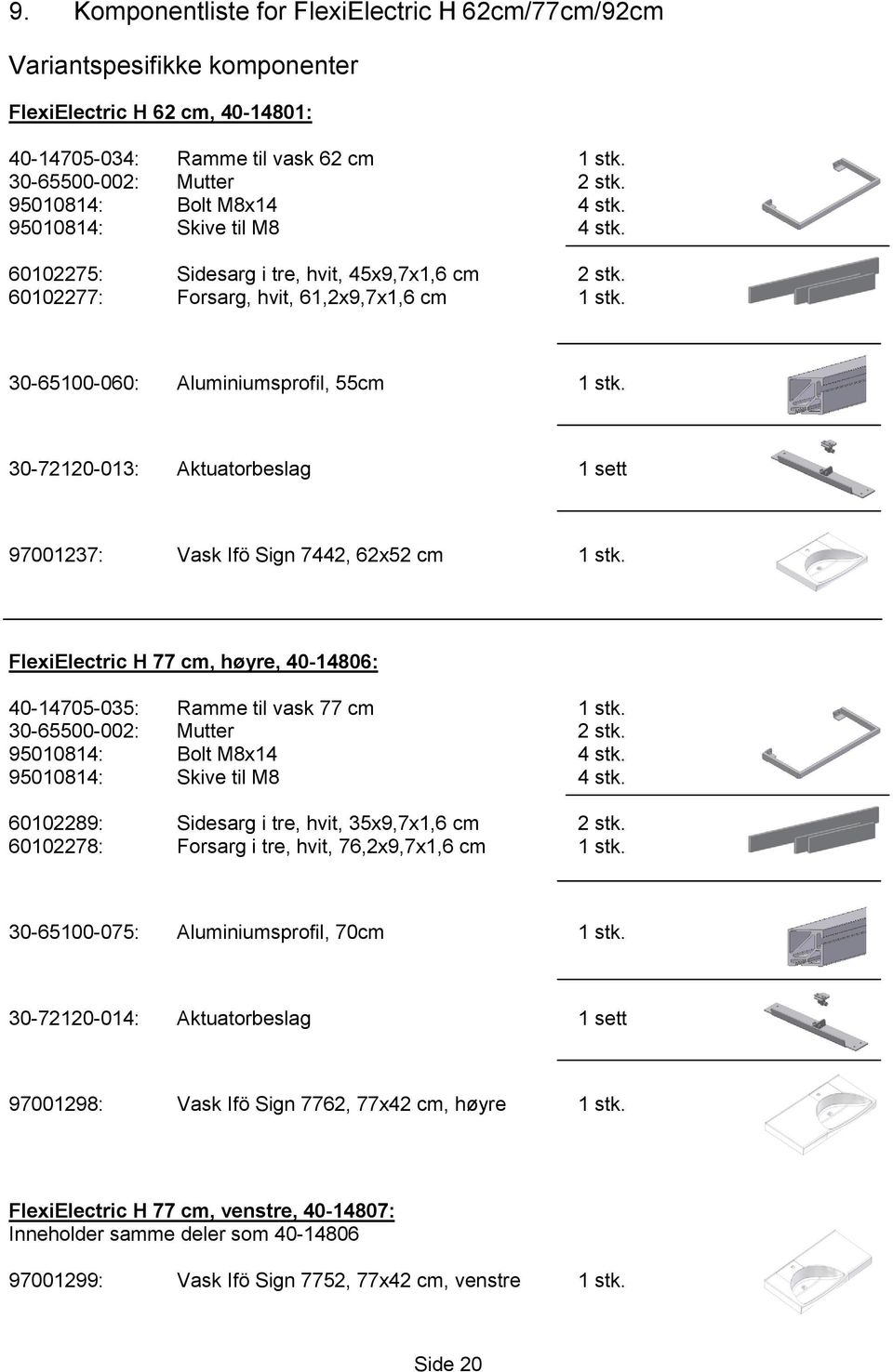 60102277: Forsarg, hvit, 61,2x9,7x1,6 cm 30-65100-060: Aluminiumsprofil, 55cm 30-72120-013: Aktuatorbeslag 1 sett 97001237: Vask Ifö Sign 7442, 62x52 cm FlexiElectric H 77 cm, høyre, 40-14806: