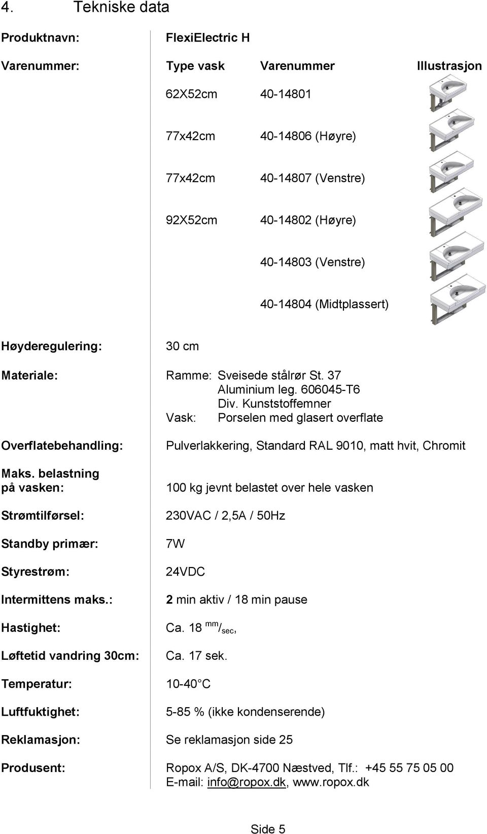 Kunststoffemner Vask: Porselen med glasert overflate Overflatebehandling: Maks. belastning på vasken: Strømtilførsel: Standby primær: Styrestrøm: Intermittens maks.