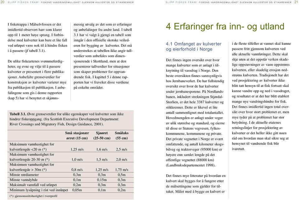 De ulike fiskeartenes svømmeferdigheter, og evne og vilje til å passere kulverter er presentert i flere publikasjoner.