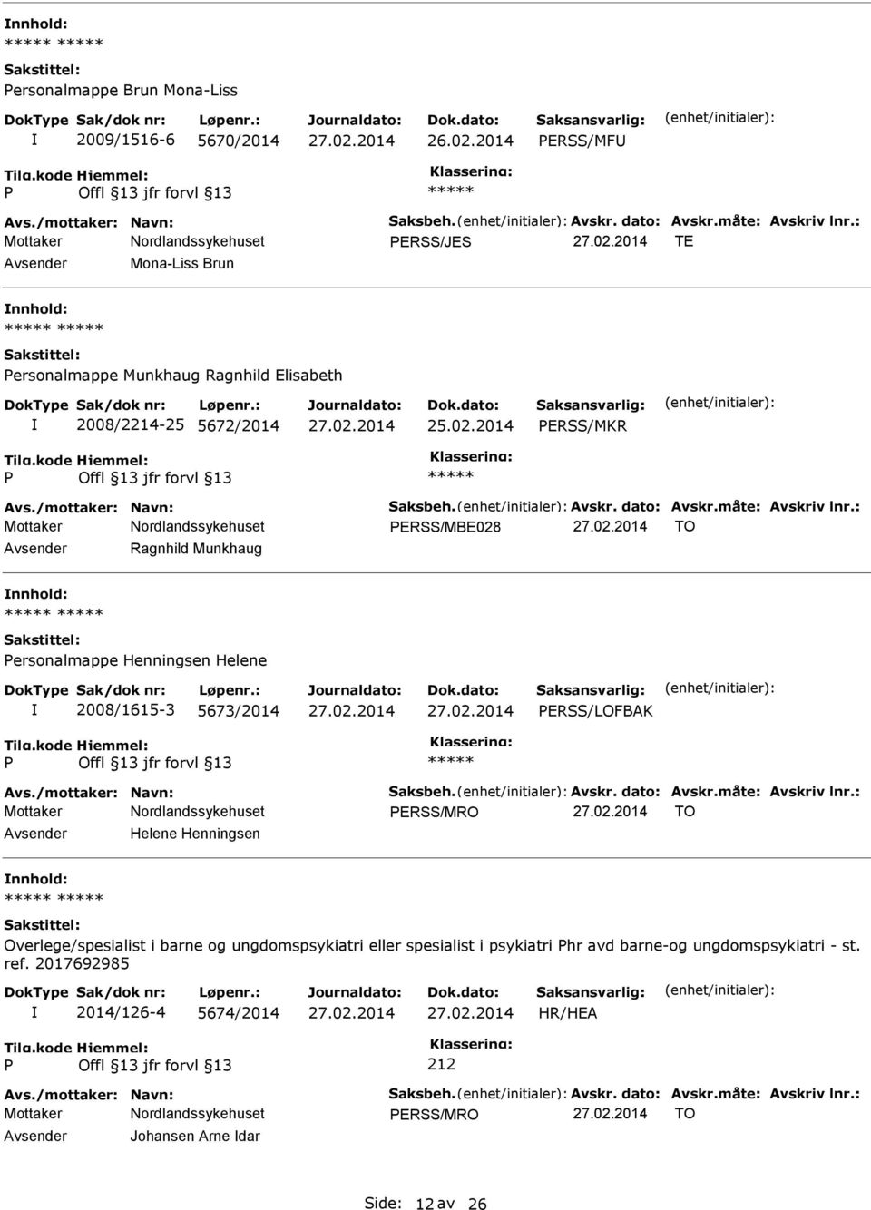 : ERSS/MBE028 TO Ragnhild Munkhaug ersonalmappe Henningsen Helene 2008/1615-3 5673/2014 ERSS/LOFBAK Avs./mottaker: Navn: Saksbeh. Avskr. dato: Avskr.måte: Avskriv lnr.