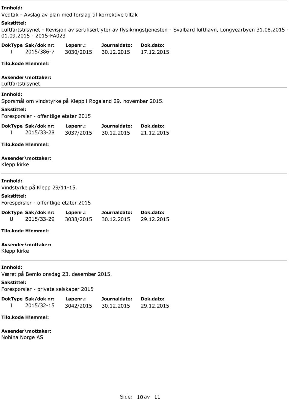 november 2015. Forespørsler - offentlige etater 2015 2015/33-28 3037/2015 Klepp kirke Vindstyrke på Klepp 29/11-15.