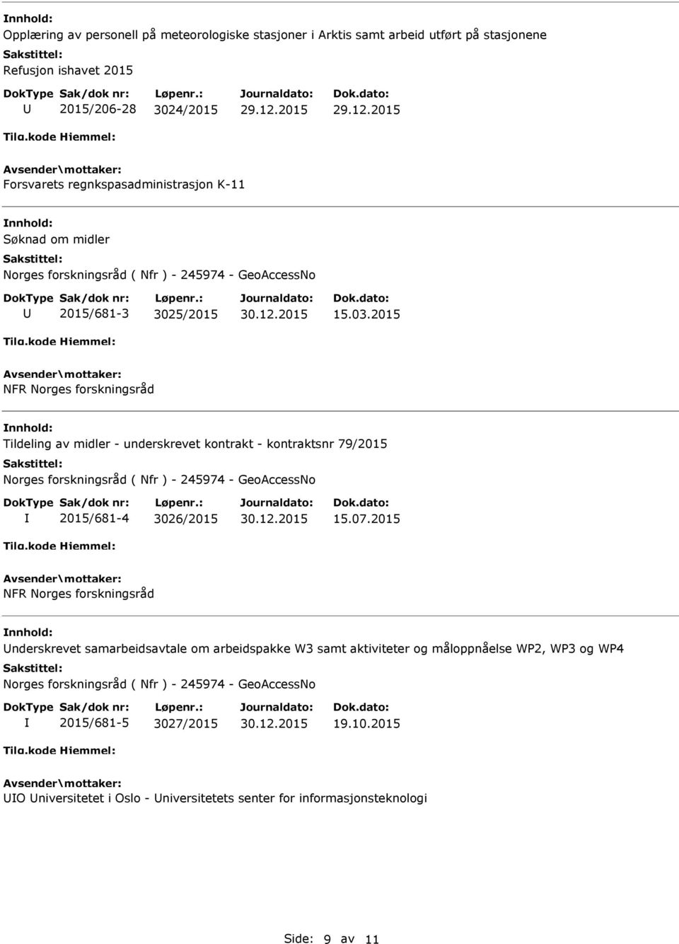 2015 NFR Norges forskningsråd Tildeling av midler - underskrevet kontrakt - kontraktsnr 79/2015 Norges forskningsråd ( Nfr ) - 245974 - GeoAccessNo 2015/681-4 3026/2015 15.07.