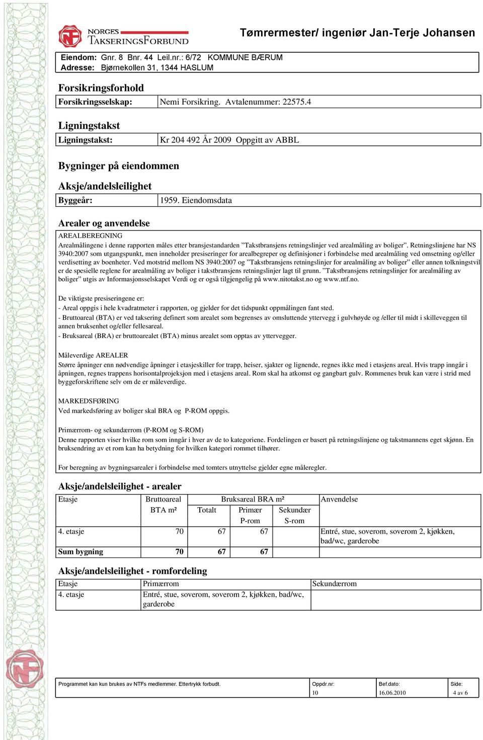 Eiendomsdata Arealer og anvendelse AREALBEREGNING Arealmålingene i denne rapporten måles etter bransjestandarden Takstbransjens retningslinjer ved arealmåling av boliger.