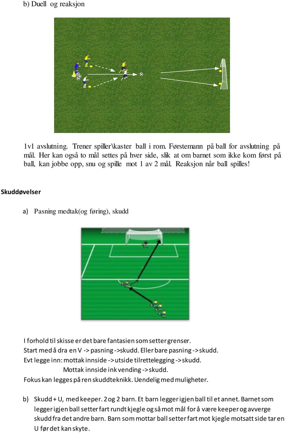 Skuddøvelser a) Pasning medtak(og føring), skudd I forhold til skisse er det bare fantasien som setter grenser. Start med å dra en V -> pasning ->skudd. Eller bare pasning -> skudd.