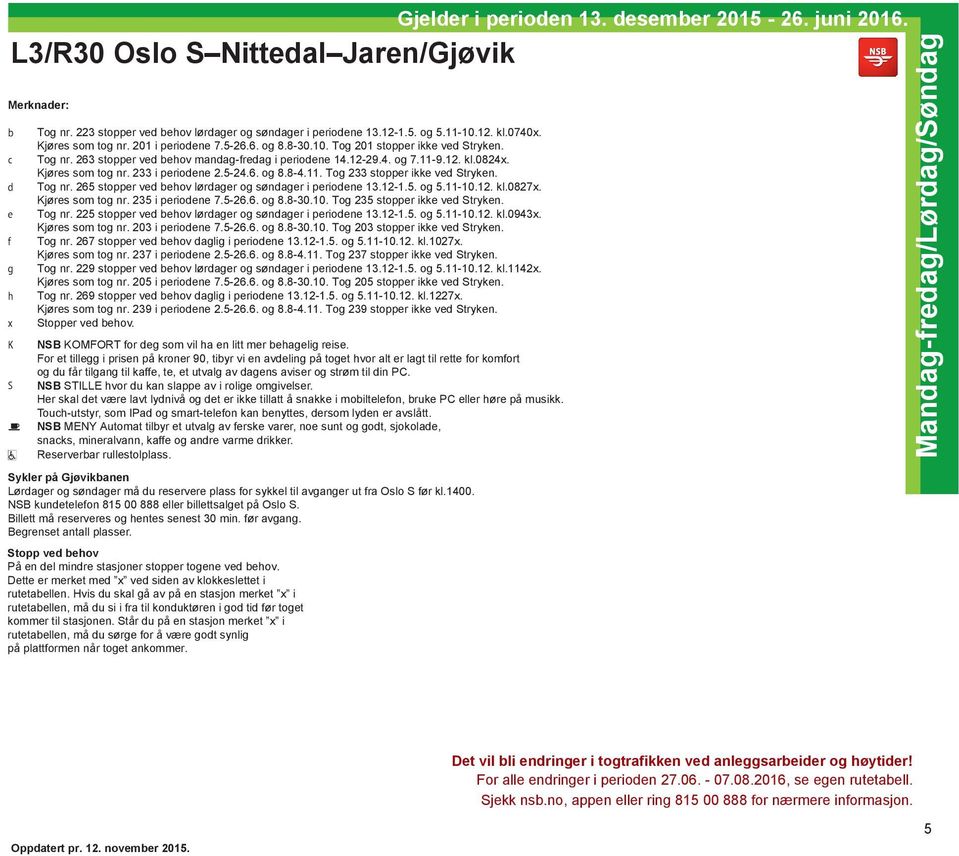 233 i periodene 2.5-24.6. og 8.8-4.11. Tog 233 stopper ikke ved Stryken. Tog nr. 265 stopper ved behov lørdager og søndager i periodene 13.12-1.5. og 5.11-10.12. kl.0827x. Kjøres som tog nr.