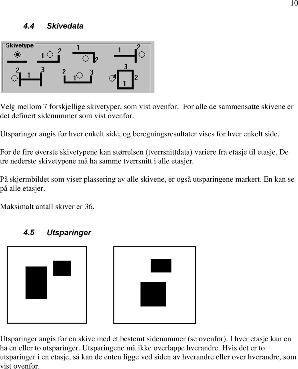 De tre nederste skivetypene må ha samme tverrsnitt i alle etasjer. På skjermbildet som viser plassering av alle skivene, er også utsparingene markert. En kan se på alle etasjer.