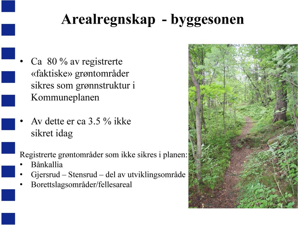 5 % ikke sikret idag Registrerte grøntområder som ikke sikres i planen: