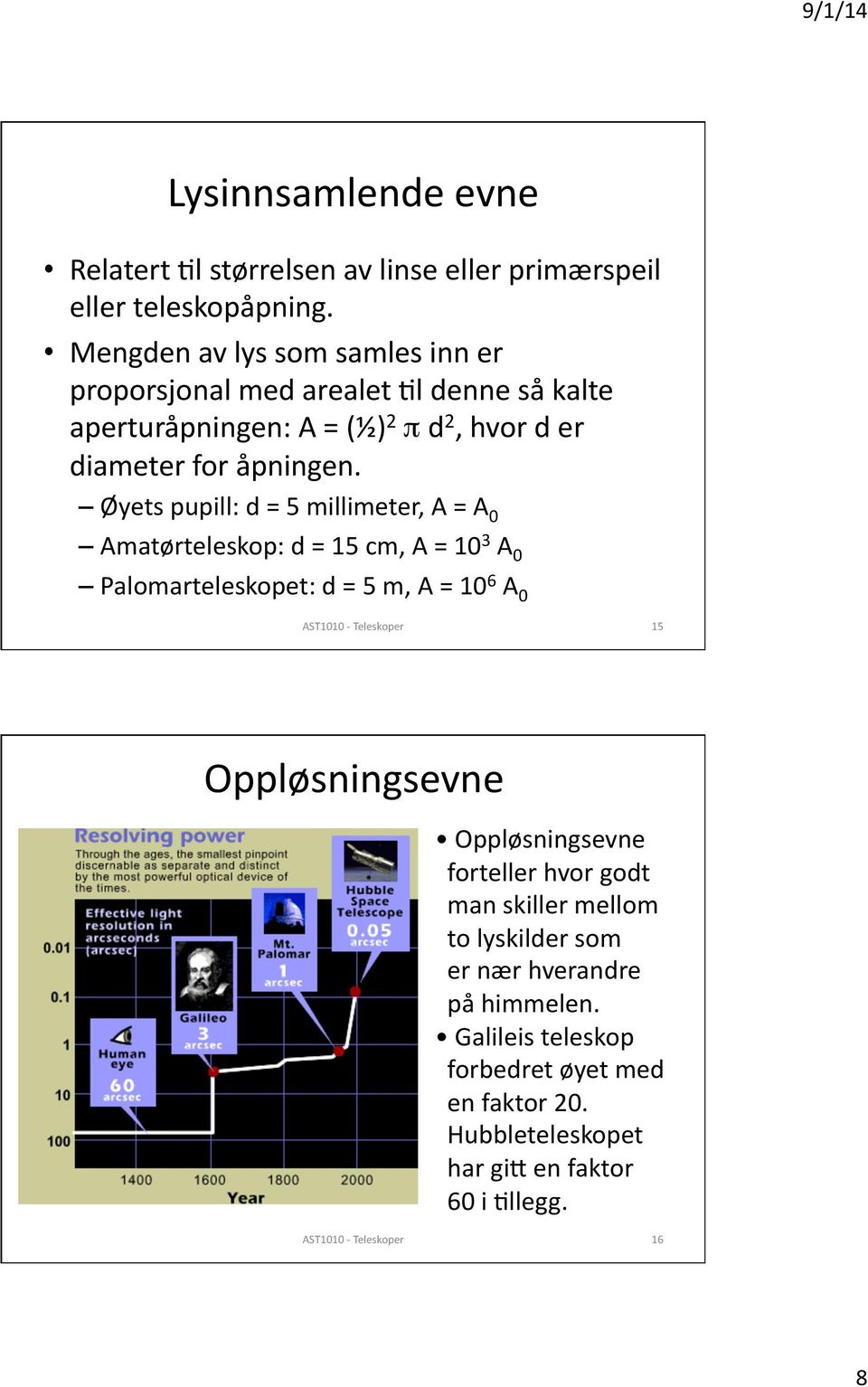 Øyets pupill: d = 5 millimeter, A = A 0 Amatørteleskop: d = 15 cm, A = 10 3 A 0 Palomarteleskopet: d = 5 m, A = 10 6 A 0 15 Oppløsningsevne