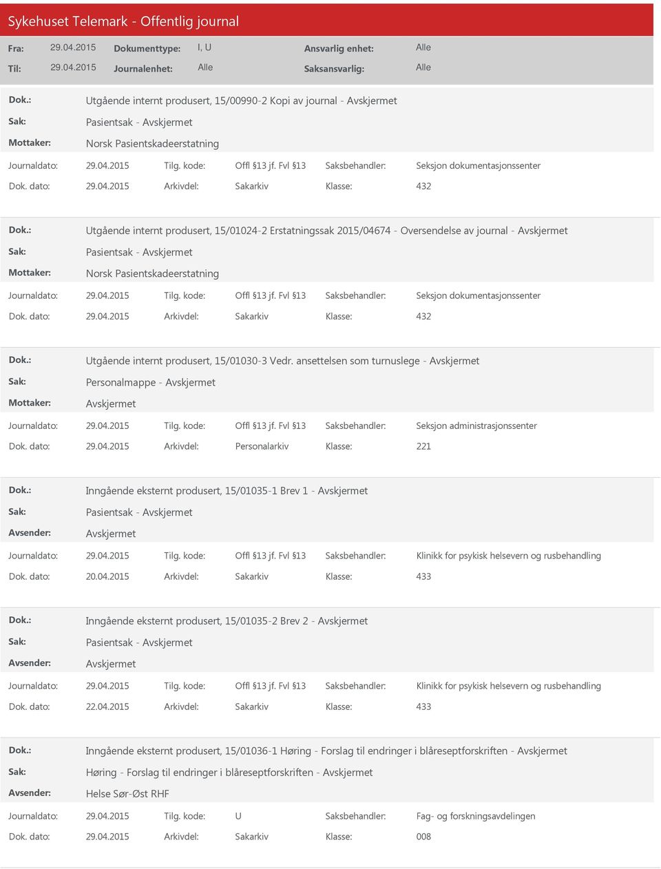 dato: Arkivdel: Personalarkiv Inngående eksternt produsert, 15/01035-1 Brev 1 - Klinikk for psykisk helsevern og rusbehandling Dok. dato: 20.04.