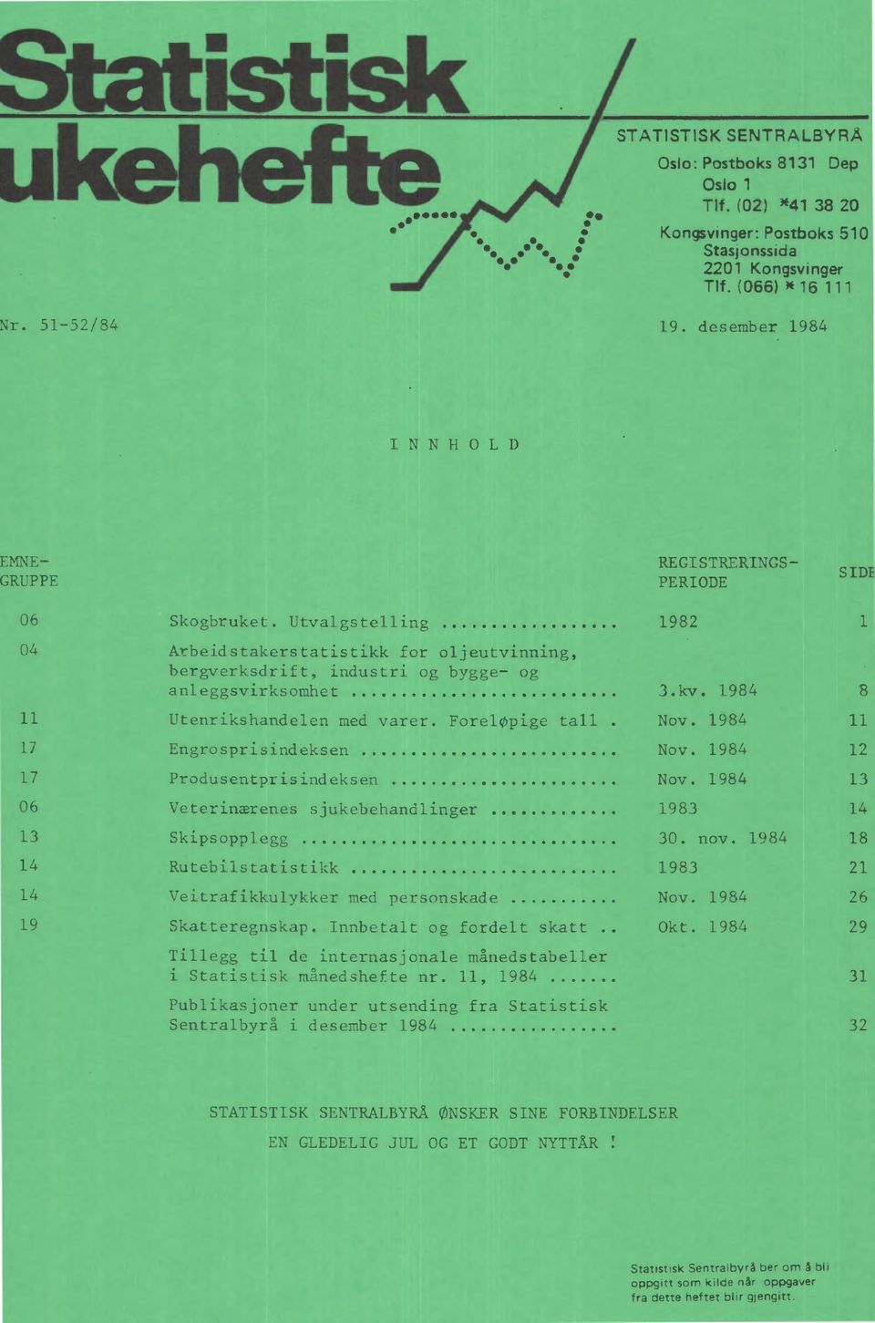 1984 11 17 Engrosprisindeksen Nov. 1984 12 17 Produsentprisindeksen Nov. 1984 13 06 Veterinærenes sjukebehandlinger 1983 14 13 Skipsopplegg 30. nov.