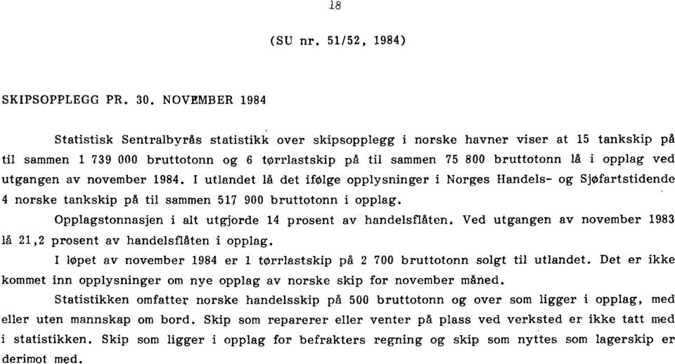 opplag ved utgangen av november 1984. I utlandet lå det ifølge opplysninger i Norges Handels- og Sjøfartstidende 4 norske tankskip på til sammen 517 900 bruttotonn i opplag.