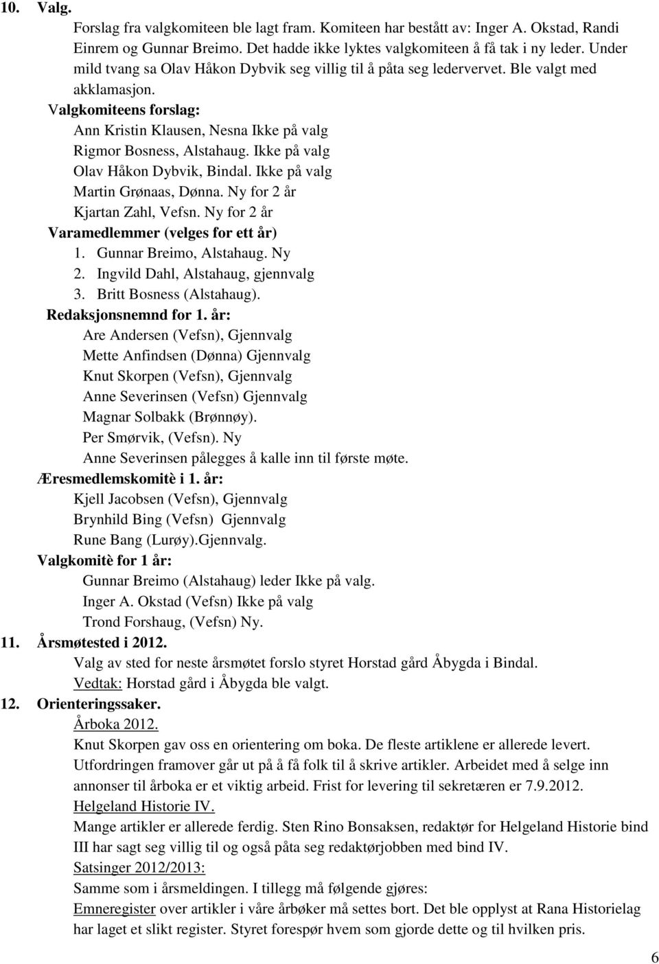 Ikke på valg Olav Håkon Dybvik, Bindal. Ikke på valg Martin Grønaas, Dønna. Ny for 2 år Kjartan Zahl, Vefsn. Ny for 2 år Varamedlemmer (velges for ett år) 1. Gunnar Breimo, Alstahaug. Ny 2.