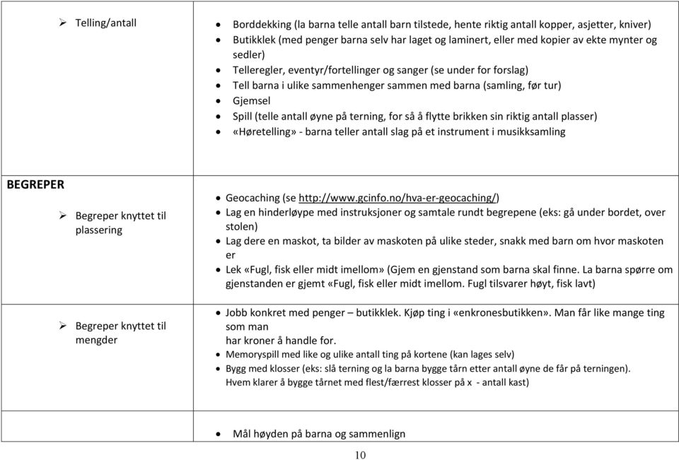 flytte brikken sin riktig antall plasser) «Høretelling» - barna teller antall slag på et instrument i musikksamling BEGREPER Begreper knyttet til plassering Begreper knyttet til mengder Geocaching