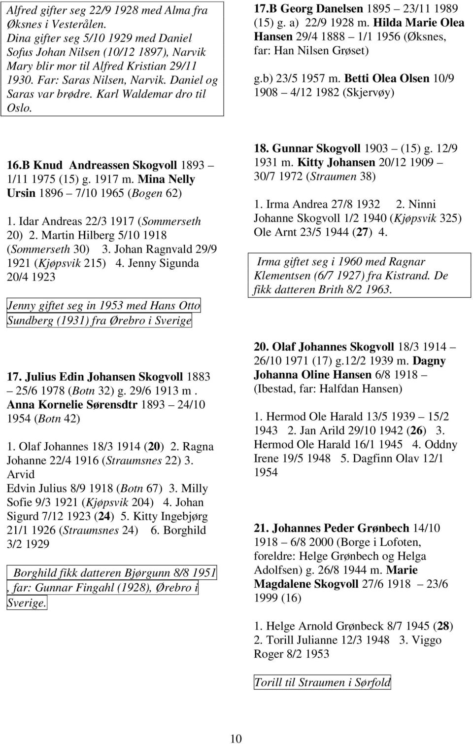 Hilda Marie Olea Hansen 29/4 1888 1/1 1956 (Øksnes, far: Han Nilsen Grøset) g.b) 23/5 1957 m. Betti Olea Olsen 10/9 1908 4/12 1982 (Skjervøy) 16.B Knud Andreassen Skogvoll 1893 1/11 1975 (15) g.