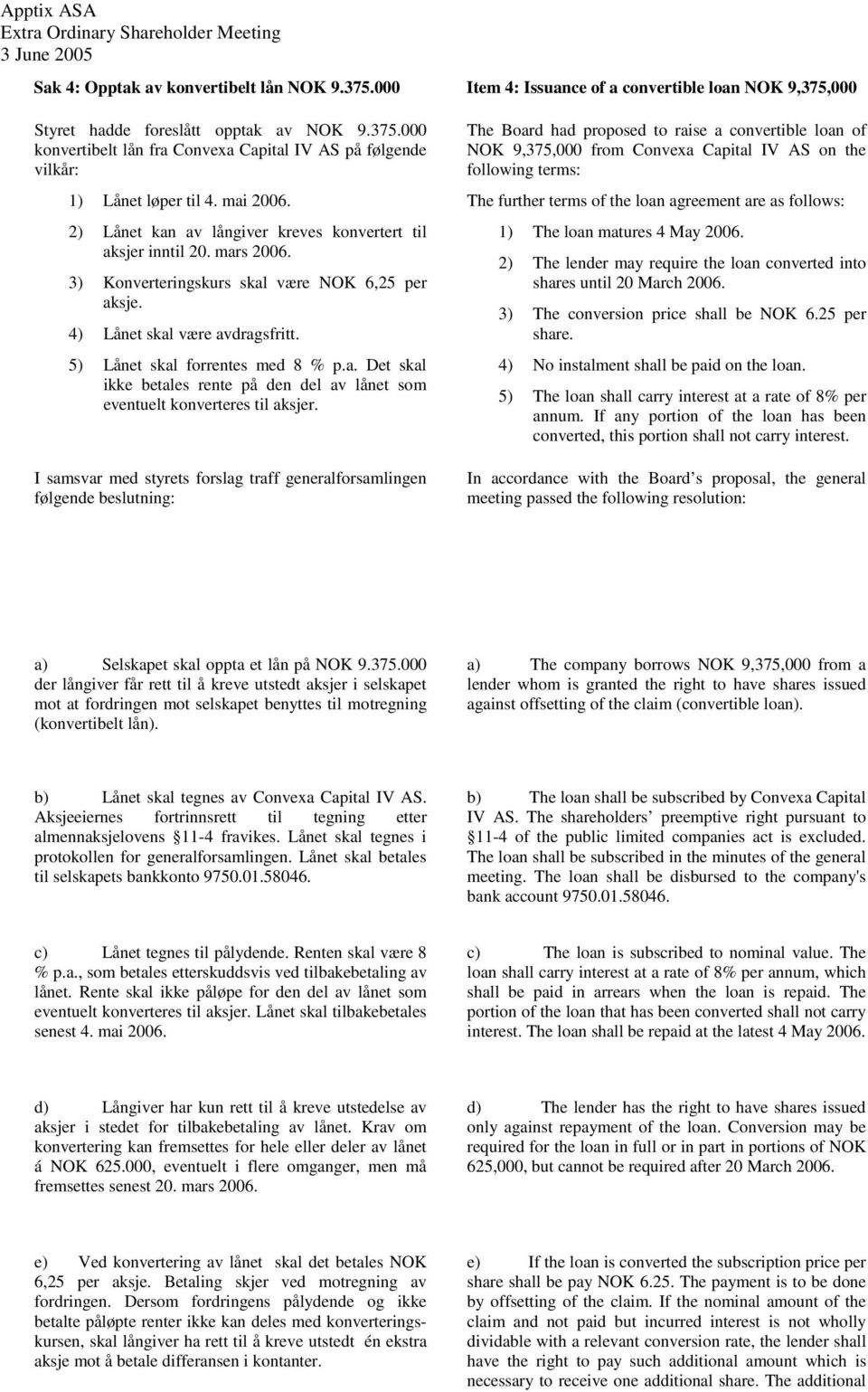 5) Lånet skal forrentes med 8 % p.a. Det skal ikke betales rente på den del av lånet som eventuelt konverteres til aksjer.