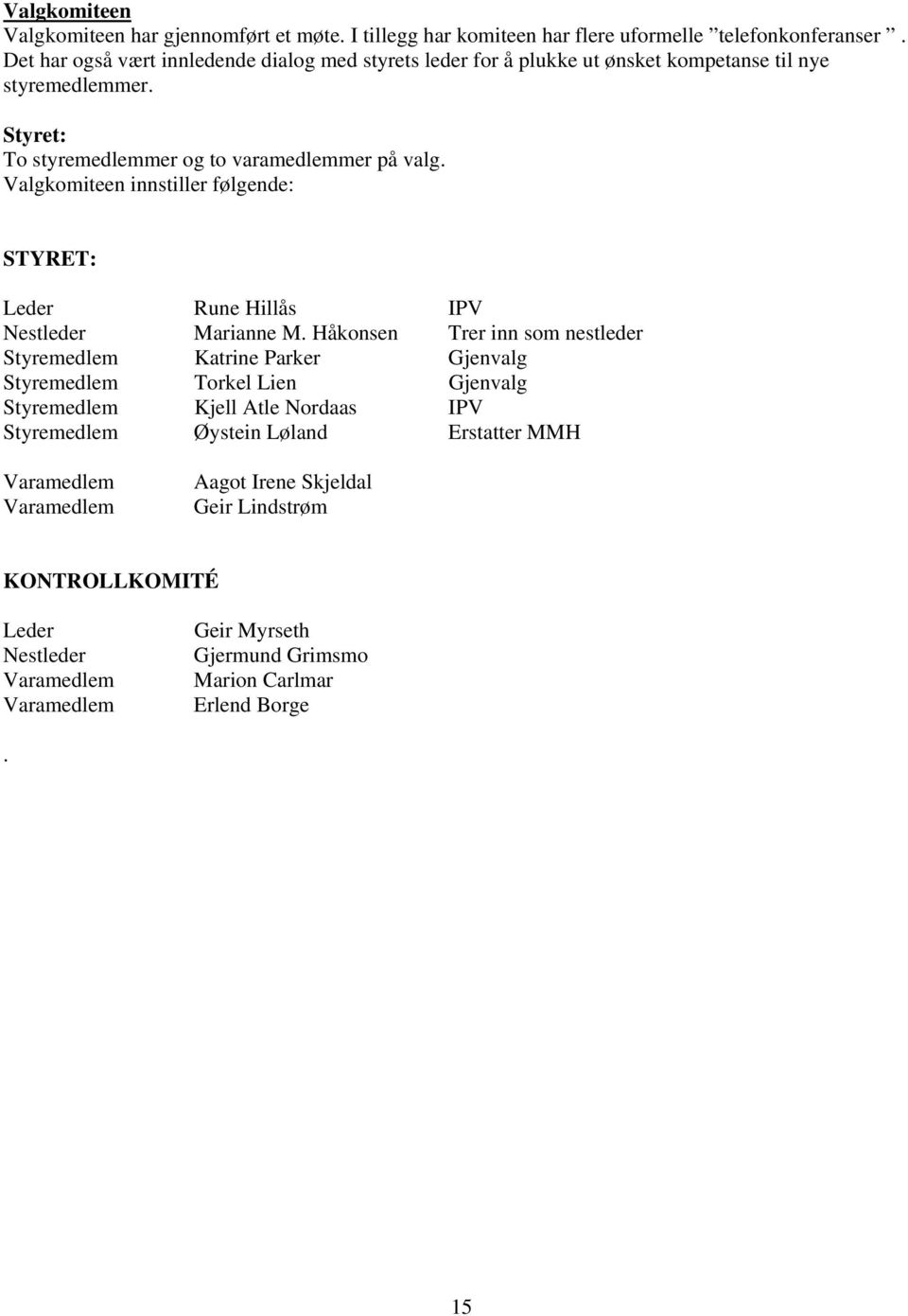 Valgkomiteen innstiller følgende: STYRET: Leder Rune Hillås IPV Nestleder Marianne M.